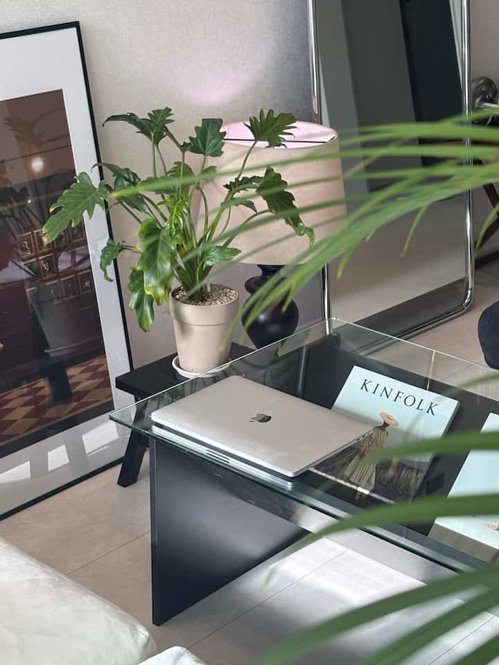 ナチュラルグリーンの植物とモダンな鏡、ガラスのダイニングテーブルが配置された明るくすっきりとしたリビングルーム