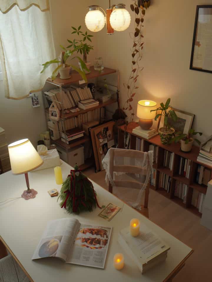 温かみのあるナチュラルな書斎、書棚と植物、落ち着いた照明が配置されたシンプルなインテリア