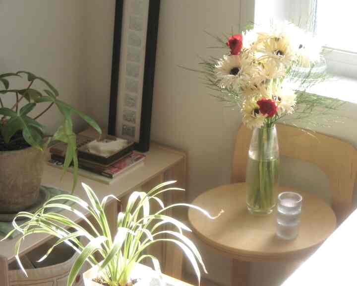 ナチュラルな雰囲気のリビングの小さなコーナー、木製のサイドテーブルに花瓶と観葉植物が配置された印象的な空間