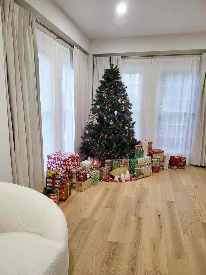 A little holiday magic at home—our Christmas tree was up with gift boxes tucked underneath, and the breakfast table was dressed for the season. Simple touches that make the space feel cozy and festive.

#christmas #christmastree #woodfloor #breakfastnook  #romanshade 