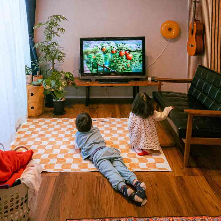 ブラウンの木質床と黒いソファ、テレビ台と植物が配置され、子供と暮らすリビングの印象的な空間