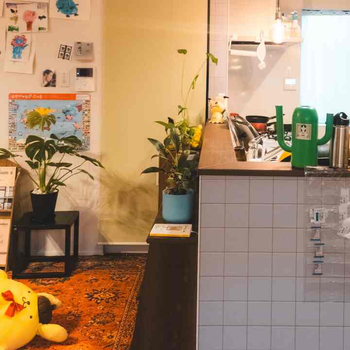 黄色と緑の色調のリビングとキッチンの空間、観葉植物とクッションのぬいぐるみが配置された温かみのあるナチュラルなインテリア