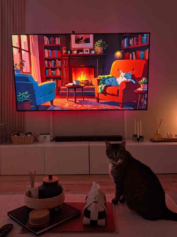 Cozy living room in warm white and brown tones featuring a cat and a Nintendo Switch setup