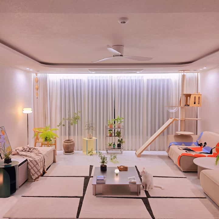 白を基調としたリビング、2つのソファとサイドテーブル、多数の植物、キャットタワーと猫が配置された雰囲気のあるナチュラルなインテリア