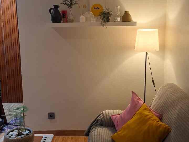 Natural beige toned living room featuring a beige sofa with gold and pink cushions, warmly lit by a floor lamp