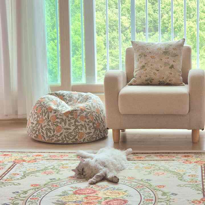自然な色調の明るいリビング、ベージュのアームチェアと花柄のビーンバッグとカーペットが配置され、床にくつろぐ猫がいる印象的な空間
