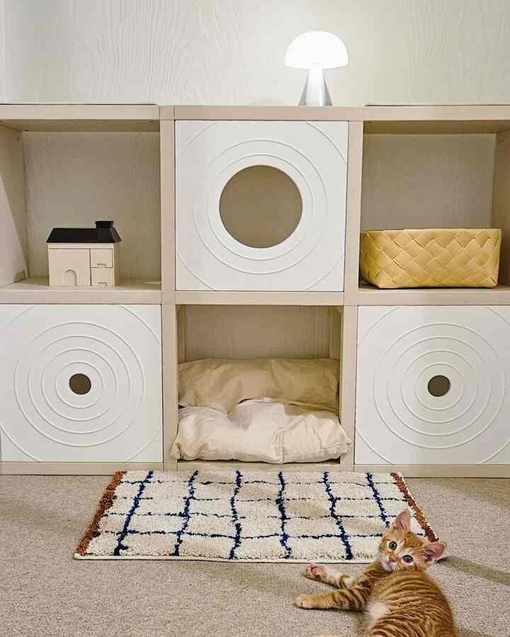Beige and white toned living room space featuring a cat tower and pet house with cozy atmosphere