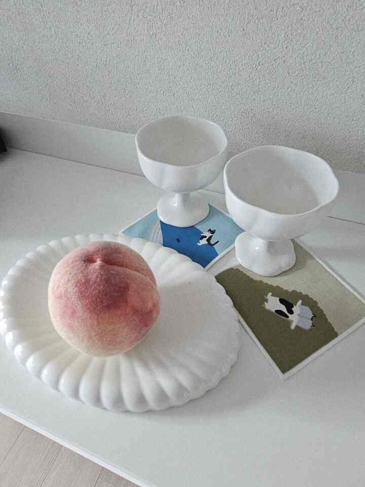 A white-toned minimalist living area featuring INSOIL wine glasses and cat-patterned coasters with natural decor elements