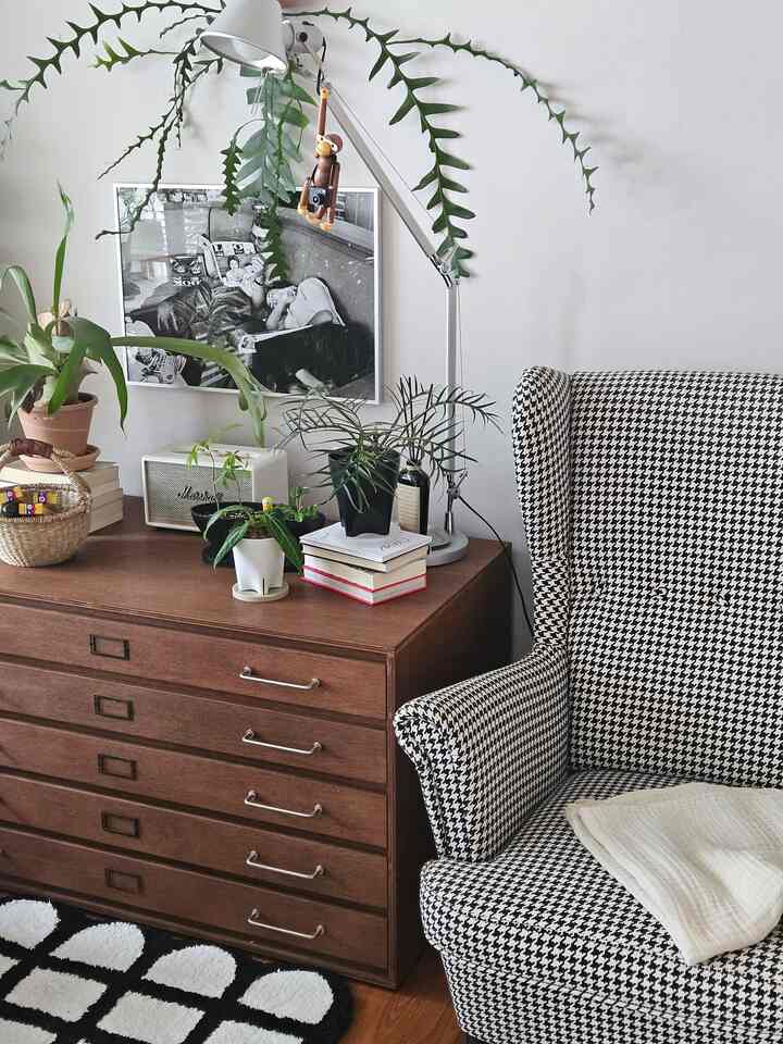 白と黒のトーンのリビングルーム、千鳥格子柄のアームチェアとチェスト、植物とテーブルランプが配置された雰囲気のある空間