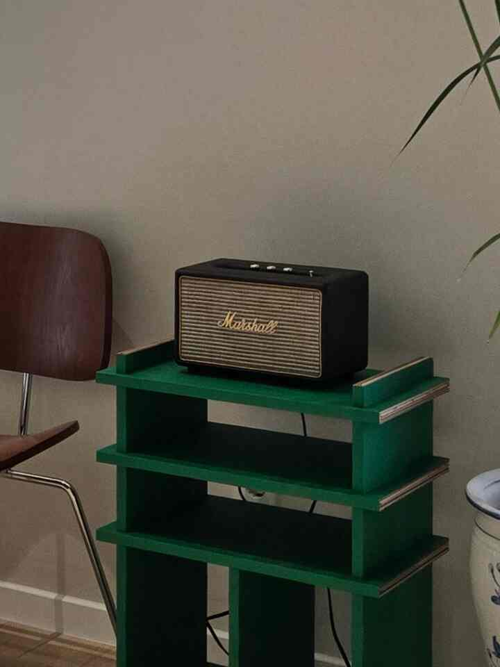Simple and modern corner of a living room featuring a green shelf and a brown armchair with a decorative black speaker