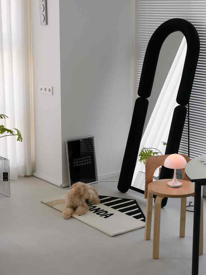 明るいグレーの床と壁、木目調の椅子と背の高い鏡、アルミ製のブラインドがあるモダンなリビング、ラグの上に犬が横たわっている