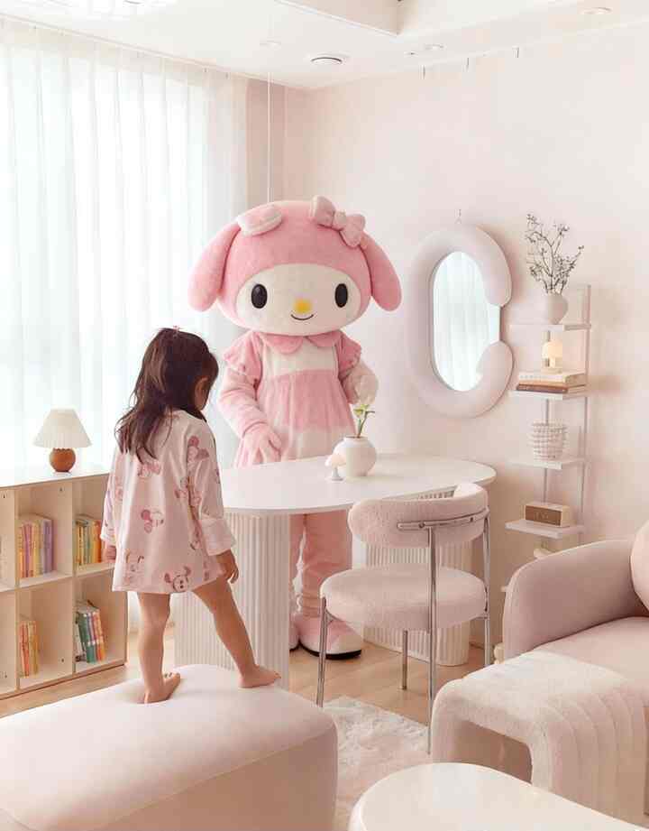 白とピンクの色調の子供部屋、大きなキャラクター着ぐるみと子供用家具が配置された柔らかく温かみのあるインテリア