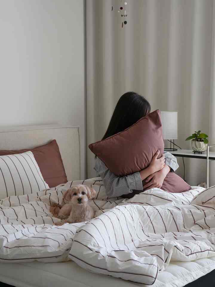 アイボリーの壁とサイドテーブルがある寝室、ブラウンの寝具を纏ったベッドの上に犬と人がいる、自然で温かみのあるインテリア