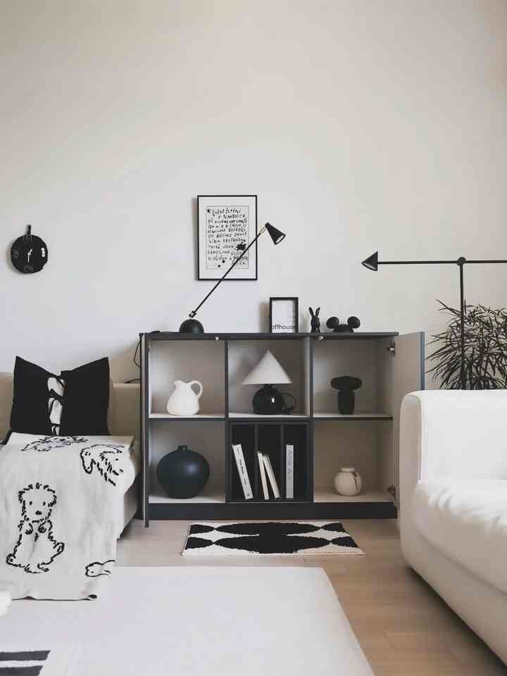 Modern living room in white and black tones featuring sofas, a bookshelf, and a floor lamp with a clean aesthetic