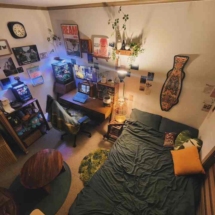 Cozy single household bedroom with warm wood tones and green accents, featuring a desk and posters