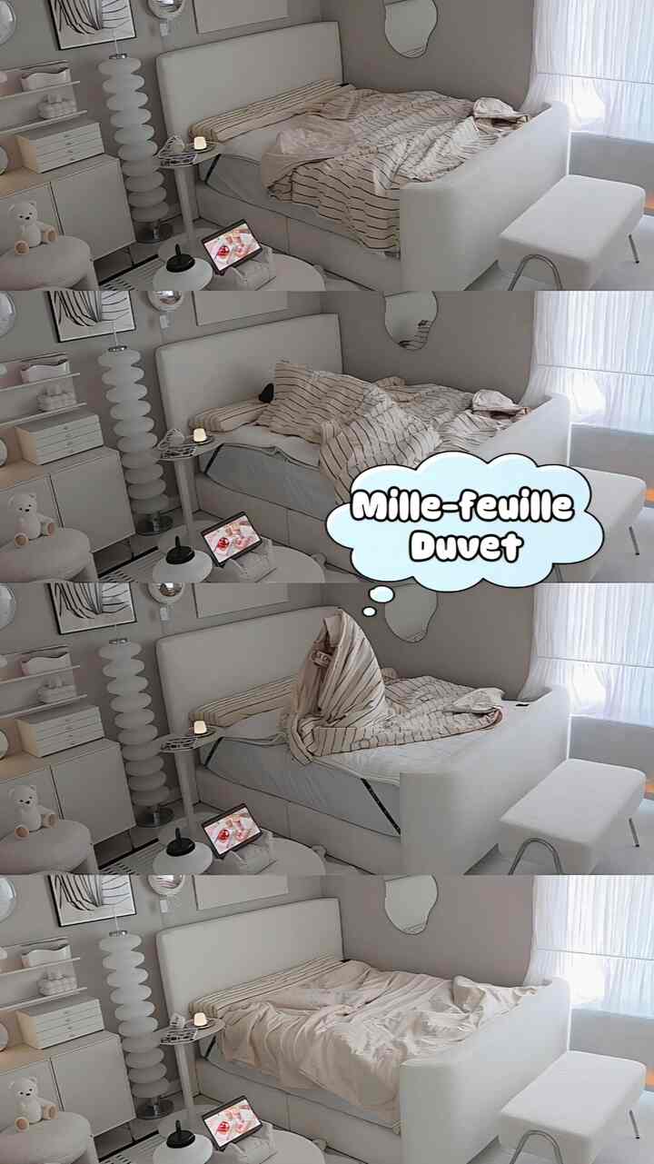 暖かいベージュと白の色調の寝室、モダンな高級感のあるミルフィーユデュベが置かれた雰囲気のあるインテリア