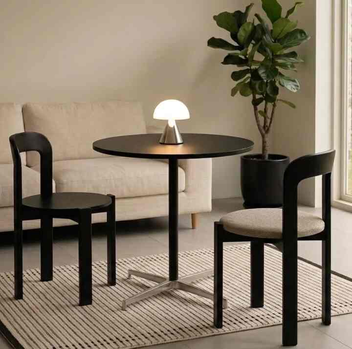 A corner of the living room bathed in warm afternoon sunlight. ☕️✨
​This small dining space is completed with a simple black table and unique chairs. Enjoy a cup of coffee while sitting under soft mood lighting and gazing out the window.

Even without any extra decoration, the unique silhouette of the furniture creates a beautiful space.

#HomeStar #미니멀리즘 #인테리어디자인 #다이닝룸인테리어 #거실꾸미기 #감성가구 #디자이너가구 #미드센추리모던 #집꾸미기 #랜선집들이 #오브제 #무드등 #플랜테리어 #여유로운오후