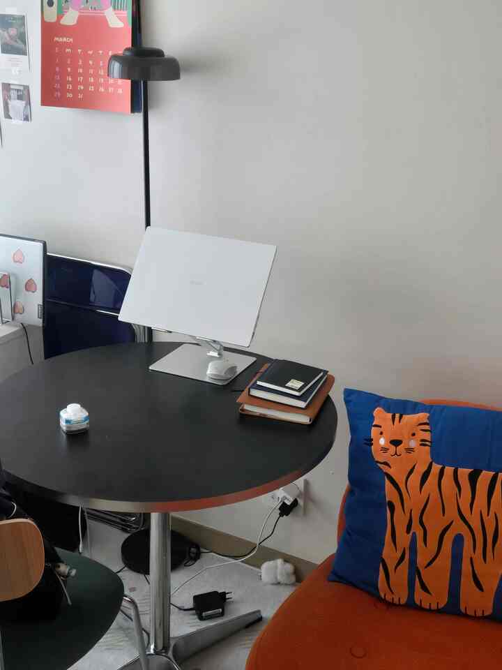 Modern studio apartment featuring a black round table with laptop stand, accented by bright orange tiger cushions creating a cozy home office atmosphere