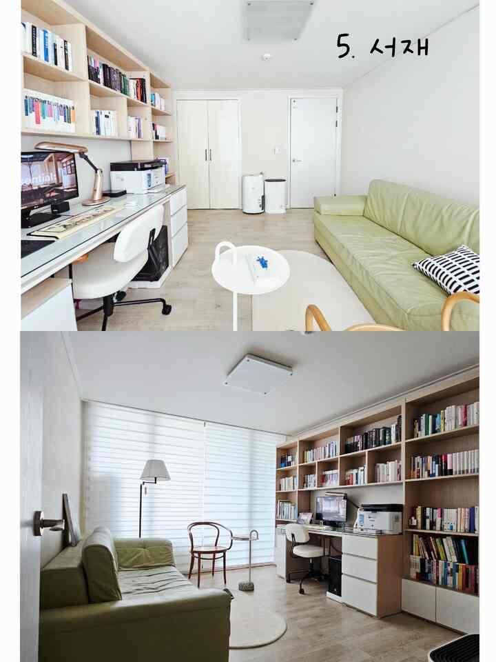 明るいベージュ調とグリーンのソファが調和した書斎風ホームオフィス、自然でモダンなインテリア