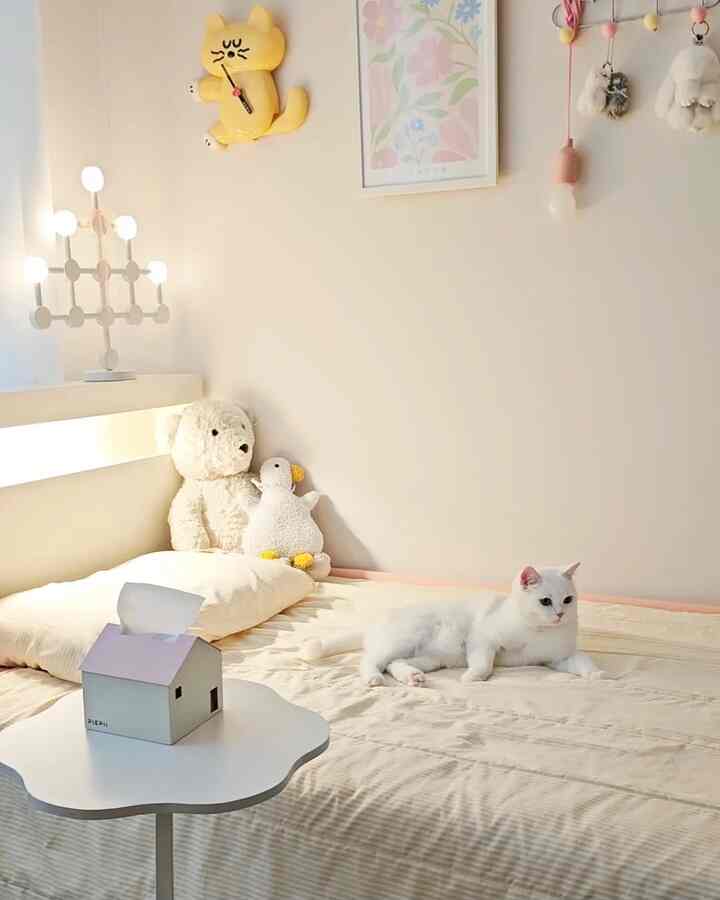 白とクリーム色調の寝室、ベッドの上に猫とぬいぐるみが置かれた、落ち着いたシンプルな雰囲気のインテリア