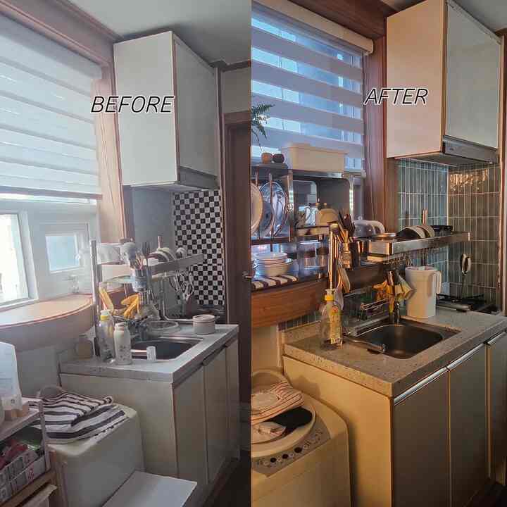 🍴難解で収納不足、キッチンを改善する🍴


漏水のために浮かんだ難解なチェック柄の壁紙をはずしてから、ミントのタイルシートを貼るとはるかにまとめられた姿です。

また、上場がなく、ボウルをすべて下部に入れると、ソース樽に行く道を失い、キッチンラックに分離収納してくれると、はるかに広くなりました。
すぐ前が窓なのにキッチンラックが槍殺型なので中に日光もよく入ってきて見るだけでも気持ちよくしてくれますね:) #6평원룸 #6평 #6평인테리어 #구옥인테리어 #구옥 #주방인테리어 #주방 #주방꾸미기 #키친랙 #키친렉 #수납 