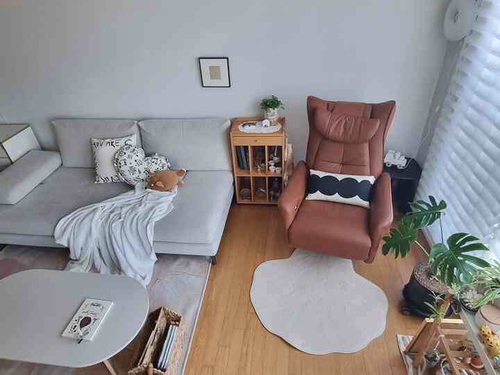Cozy living room in natural tones featuring a light gray sofa and brown armchair with wooden floor and green plants