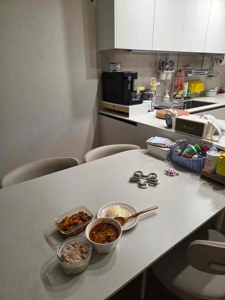 今日のメニューは他ではなく昨日の夕方に食べて残ったおかずたちです。冷蔵庫の餌食をする兼チャージンご飯にスパイシーなチゲとおかずを取り出して煮込んだボウルに移して盛り、木のスーザーをしっかり乗せ、それなりに可愛くセッティングしてみました。 

昨日食べた時はとても美味しかったのですが、連続でまた食べようとは正直、とても軽く噛む気分がかかるのは仕方ないですねㅎㅎ.. それでも愛情で可憐なホワイトキッチンで好きな音楽を聴きながら食べるとそれなりに慰めになるようだ。

残りの食べ物を処理するのは初心者の新しい家にいつもひどい宿題のようです。隣人は昨日食べて曖昧に残ったチゲやおかずをどのように風変わりでおいしく活用しますか？噛んだり飽きたりすることなく、新しい料理のように変身させる隣人だけの心肺蘇生蜂蜜チップレシピがある場合は、優しく共有してください！

＃新婚夫婦の日常＃新婚家のインテリア＃構築2ベイ＃構築アパートのインテリア＃ホワイトウッドインテリア＃キッチンインテリア＃キッチン装飾＃ホワイトキッチン＃オンラインハウス＃今日の家＃ホームカフェ＃ダイニングルーム＃新年の日常＃コンスープ記録集