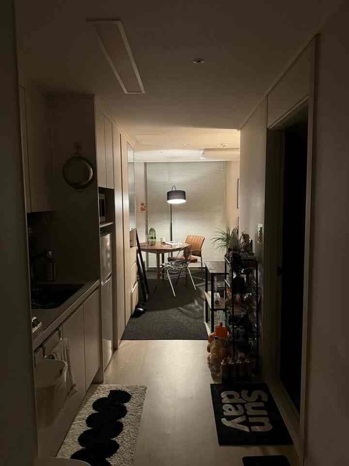 ホワイトとブラウンのトーンの玄関とキッチンスペース、コンパクトなダイニングテーブルとフロアランプが配置された居心地の良いワンルームのインテリア