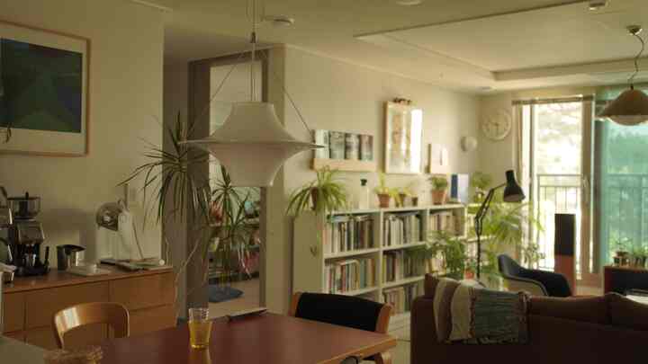 Brown-toned dining and living area with white bookshelves and various plants creating a cozy and natural atmosphere