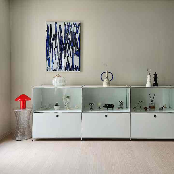 白を基調とした壁と床、シンプルなチェスト、青い抽象ポスター、赤いテーブルランプが配置されたミニマルなインテリア空間