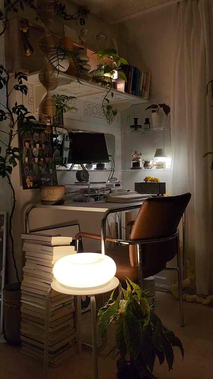 温かみのあるブラウンとベージュのトーンの一人暮らし向けホームオフィス、植物と照明が配置された雰囲気のあるインテリア
