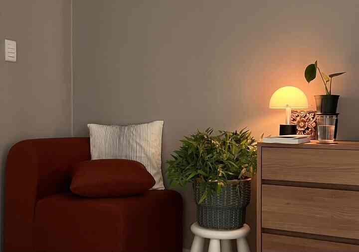 Cozy small bedroom with gray walls and natural tone dresser, featuring a rust-colored armchair, plants, and warm table lamp lighting