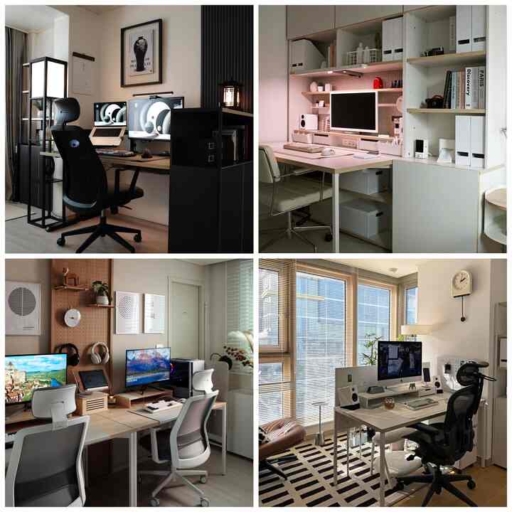 モダンでナチュラルなトーンの狭い部屋のホームオフィスで、デスクやオフィスチェア、収納棚、調節可能な照明が配置された印象的な空間