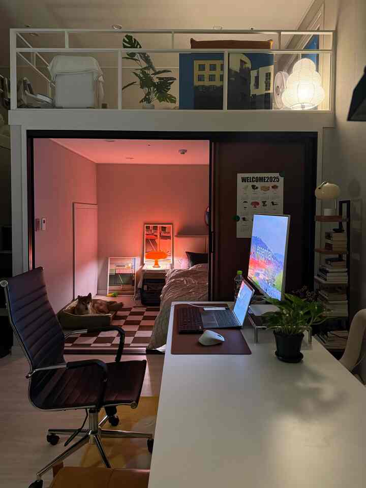 White-toned home office and bedroom space featuring a dog resting on a pet cushion in a modern interior