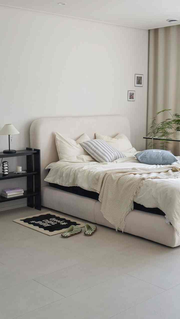 ベージュと白を基調としたワンルームの寝室、大きなベッドとナイトテーブル、植物が配置された自然な雰囲気のインテリア