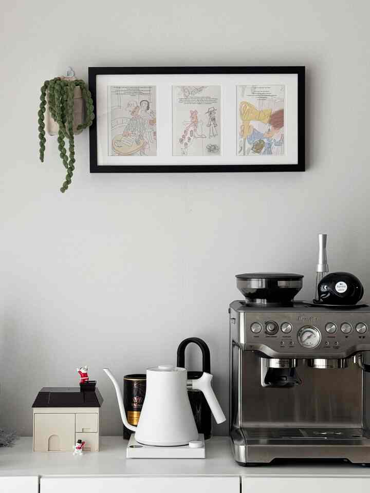 White and stainless steel toned kitchen home cafe space featuring framed art and fabric plant with clean natural interior style