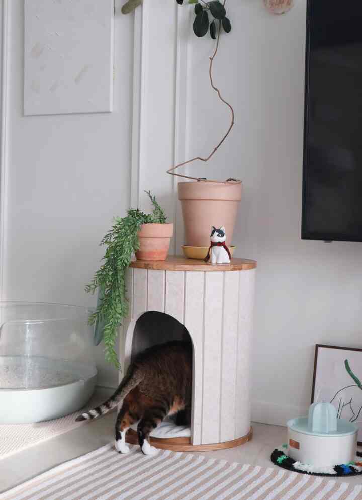 ベージュとナチュラルトーンのリビングルームの一角に、猫用ペットハウスと植物、ラグが配置された落ち着いた空間