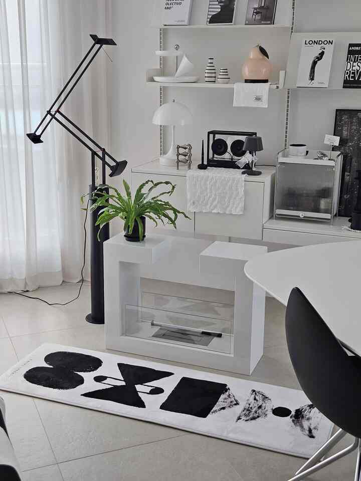 白と黒のトーンのリビング、ミニマルな家具と緑の植物が調和した清潔感のある空間