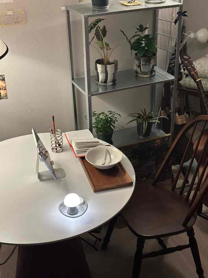 ナチュラルな色調のワンルーム、モダンな丸テーブルと植物が配置された雰囲気のある作業・休憩空間