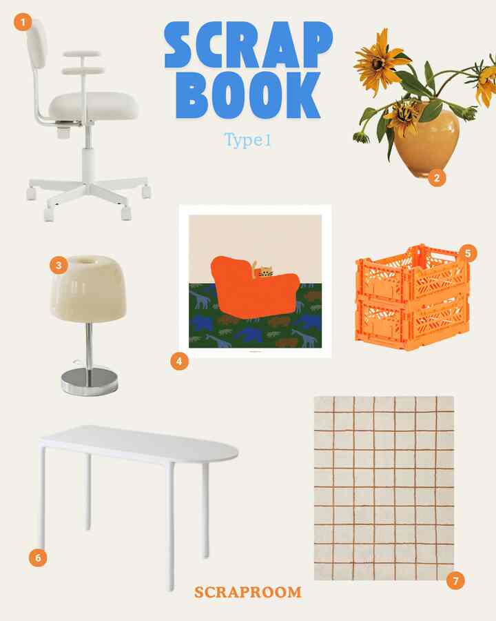 明るいホワイトトーンの空間にオレンジ色の花瓶とポスターが配置されたシンプルなミッドセンチュリーモダンのホームオフィス