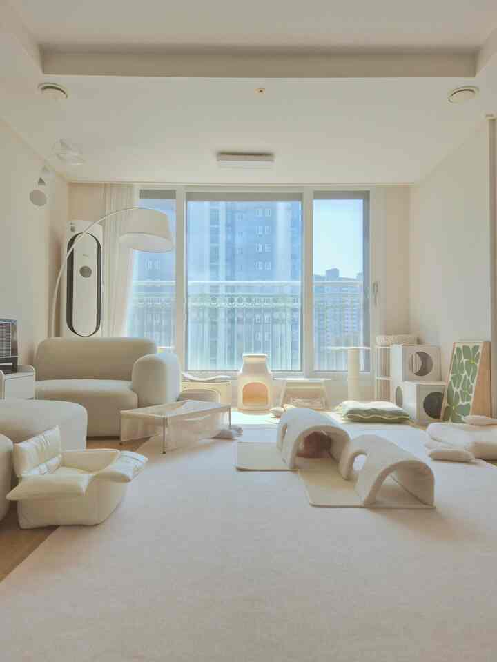 明るく柔らかな白色調のリビング、ソファやキャットトンネルなどの猫用家具が配置された落ち着いた空間