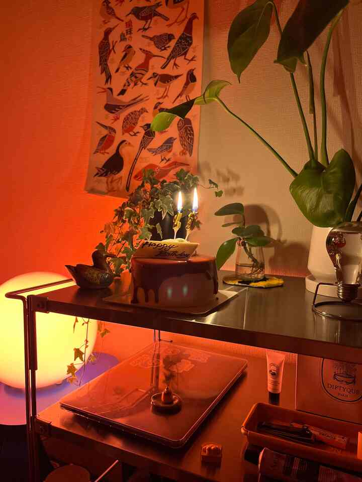 暖かい黄色の照明と植物がある空間にバースデーケーキとステンレストローリーが配置された雰囲気のあるインテリア