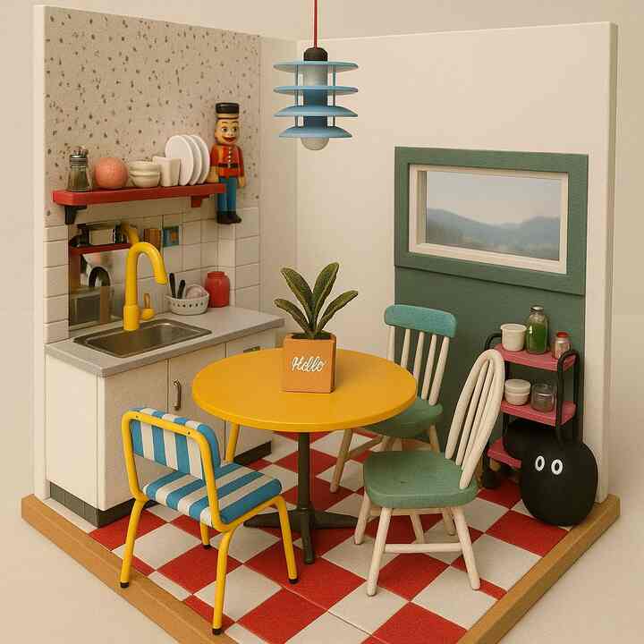 黄色いテーブルと多彩な椅子が配置されたコンパクトで雰囲気のあるカフェ風キッチンスペース