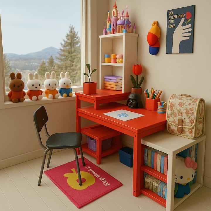 ナチュラルカラーとオレンジ色調の子供部屋、子供用デスクとおもちゃ、ぬいぐるみが配置された温かみのある空間