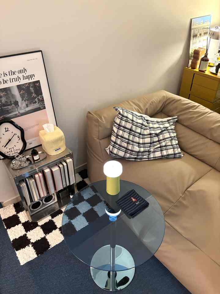 Modern living room with beige sofa and checkerboard rug, metal kitchen rack and small table lamp arranged neatly