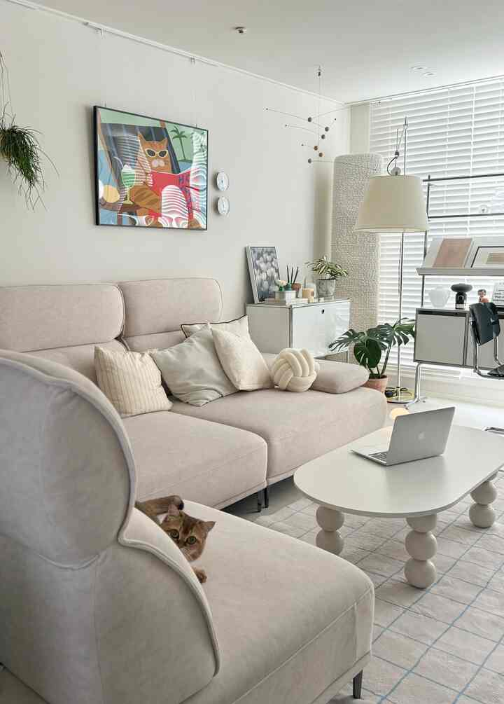 明るいホワイトとベージュのトーンのリビング、猫や植物が配置されたシンプルでモダンなインテリア
