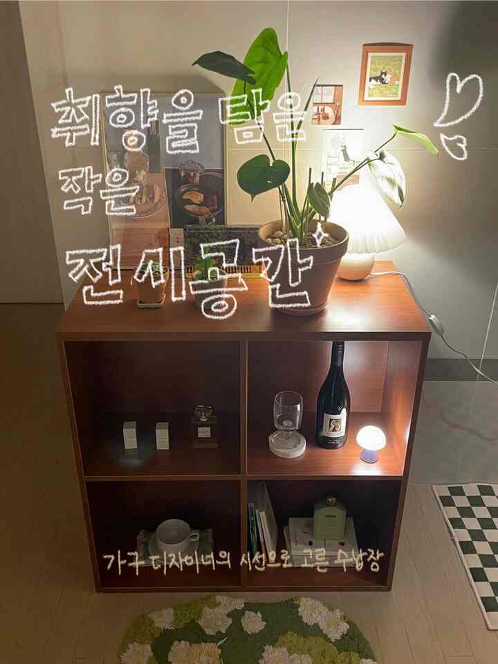 温かみのある木目調のワンルーム、小さな展示スペース。カップや照明、鉢植えが配置されたミニマルな収納棚
