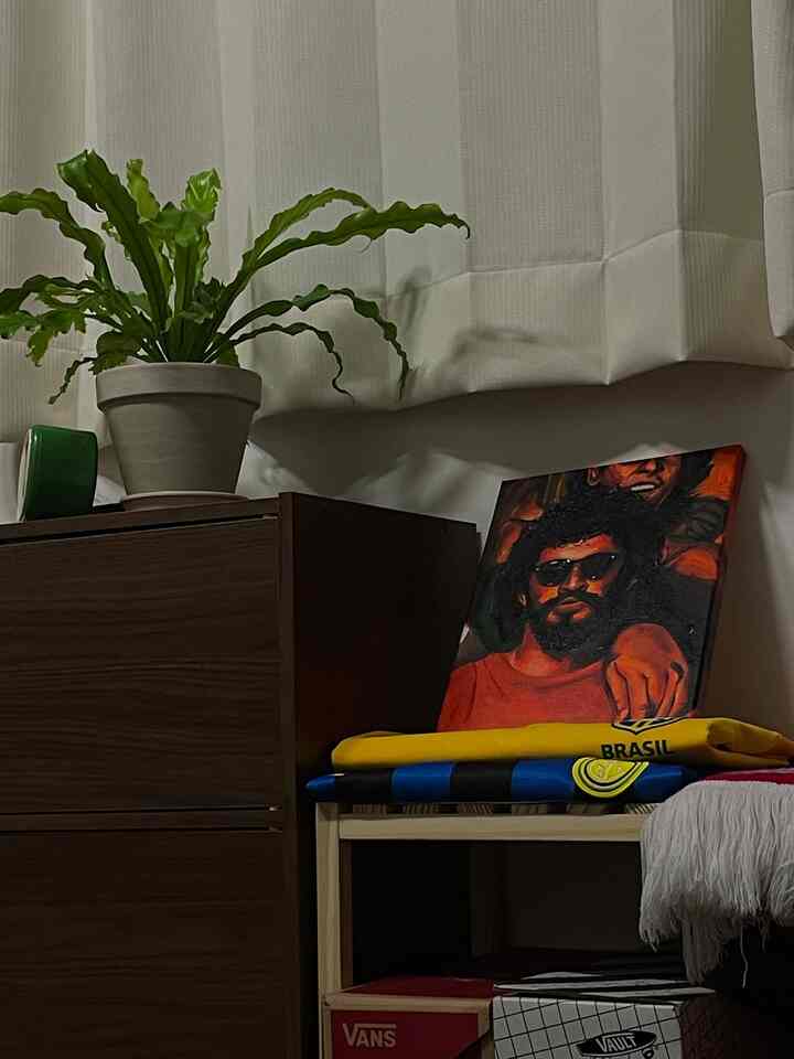 ナチュラルな木目調と多目的収納がある小さな部屋、植物と額縁がアクセントの印象的な空間