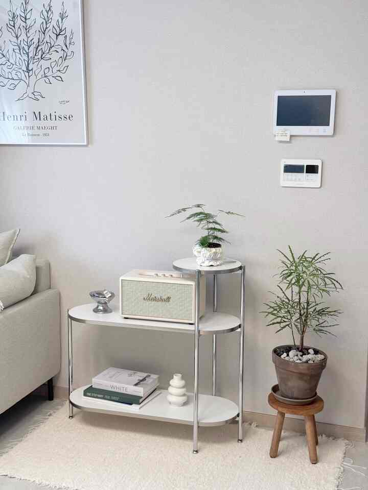 ホワイトとシルバーの色調のリビングルーム、中央に配置された清潔感のある白い棚があり、植物とBluetoothスピーカーが飾られた雰囲気のあるインテリア