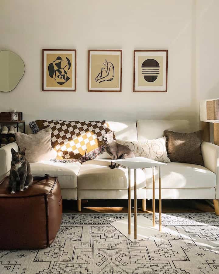 Bright natural tone living room featuring white sofa with brown cushions and two cats in a peaceful setting